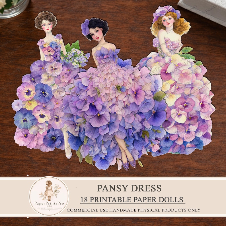 Printable paper dolls with pansy flower dress, floral ephemera for junk journal, vintage style paper doll clipart, fussy cuts for scrapbooking, detailed pansy petals gown, soft purple blue tones, printable cutout dolls for crafts, high resolution artwork by PaperPrintsPro