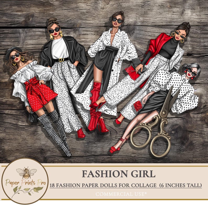 Printable Fashion Paper Dolls, 18 Fashion Girl Stickers for Planners, Collage, Scrapbooking, Diary Pages - PaperPrintsPro