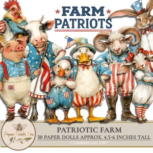 Printable Paper Dolls – July 4th Patriotic Animals, Farm Animal Doll Set in Red White Blue Outfits, USA Craft - PaperPrintsPro