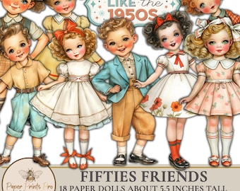 1950s Paper Dolls: Retro Ephemera, 18 Children Cutouts  for junk journal and collage digitals