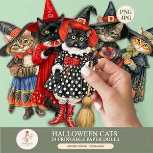 Halloween cat paper dolls: 24 printable black, tabby and ginger cats dressed as witches in colorful vintage Halloween costumes with hats, brooms, pumpkins and bows. Instant digital download includes high-resolution PNG files with transparent backgrounds and JPG printable sheets, ideal for Halloween crafts, junk journals, scrapbooking, card making and fussy cutting.