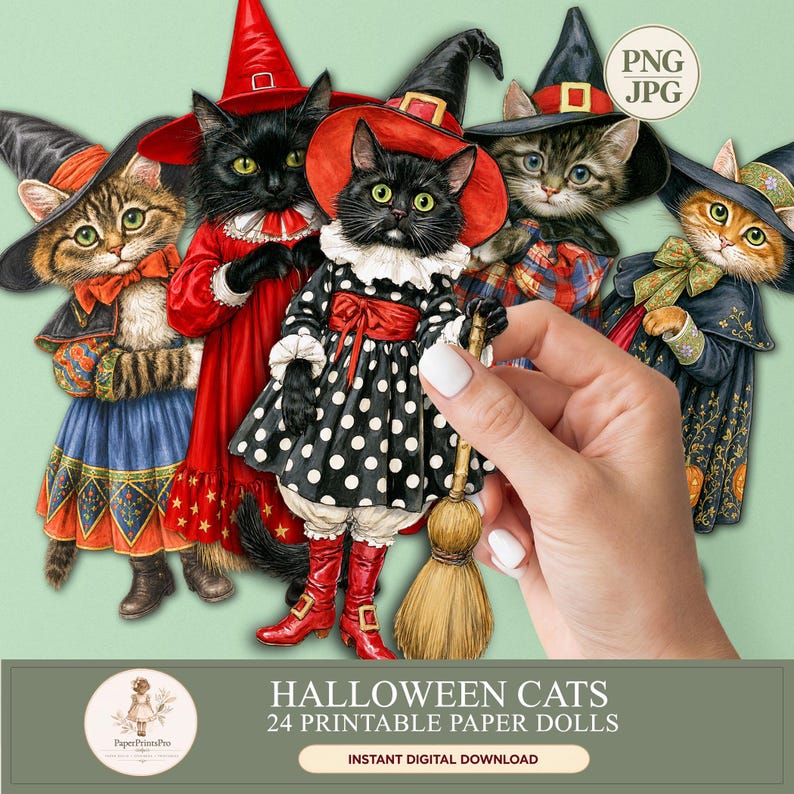 Halloween cat paper dolls: 24 printable black, tabby and ginger cats dressed as witches in colorful vintage Halloween costumes with hats, brooms, pumpkins and bows. Instant digital download includes high-resolution PNG files with transparent backgrounds and JPG printable sheets, ideal for Halloween crafts, junk journals, scrapbooking, card making and fussy cutting.