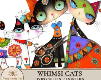 Whimsical Cat Clipart: Colorful Cat Cutouts for Collage, Cards (Digital Download)