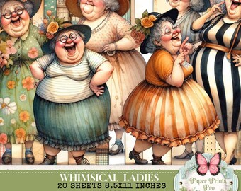SET1.Whimsical Old Ladies Junk Journal Pages - Set of 20 Funny Quirky Designs for Scrapbooking