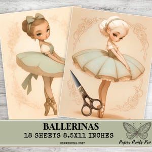 Ballerinas- 18 Printable Pages for Junk Journals, Diaries & Cute Paper Dolls in Pastel Olive-Beige Tones