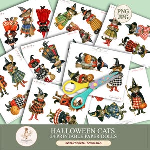 Halloween cat paper dolls: 24 printable black, tabby and ginger cats dressed as witches in colorful vintage Halloween costumes with hats, brooms, pumpkins and bows. Instant digital download includes high-resolution PNG files with transparent backgrounds and JPG printable sheets, ideal for Halloween crafts, junk journals, scrapbooking, card making and fussy cutting.
