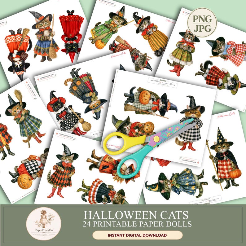 Halloween cat paper dolls: 24 printable black, tabby and ginger cats dressed as witches in colorful vintage Halloween costumes with hats, brooms, pumpkins and bows. Instant digital download includes high-resolution PNG files with transparent backgrounds and JPG printable sheets, ideal for Halloween crafts, junk journals, scrapbooking, card making and fussy cutting.