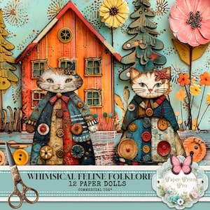 Whimsical Cat Paper Doll Kit - Animal Printable Craft for Kids - Paperdols kit Gift for Daughter