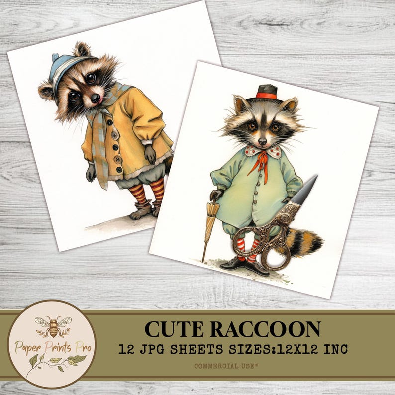 Cute Raccoon Clipart, Vintage Animal Illustration, 12 JPG Images, 12x12 Inch, for Scrapbooking & Crafts -Clip Art Paper Prints Pro