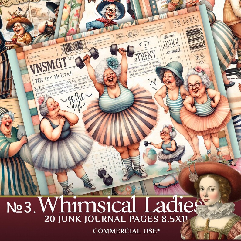 Whimsical Old Ladies Junk Journal Pages - Cartoon Grandmothers Clipart for Scrapbooking