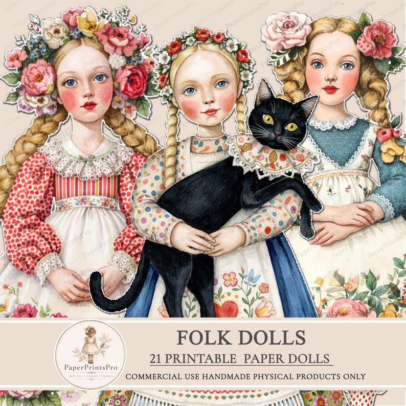 Spring Paper Dolls Printable Paper Dolls Spring Floral Folk Girls Junk Journal Ephemera ...