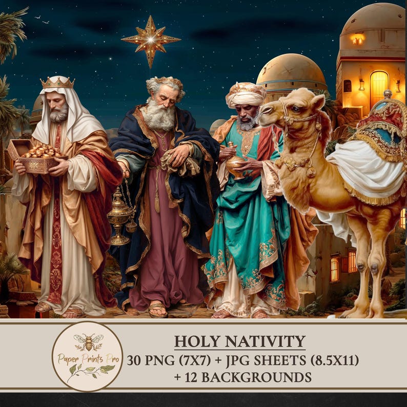 Holy Nativity clipart set with 30 PNG figures and matching JPG print sheets plus 12 backgrounds. Includes Holy Family, wise men, shepherds, angels, animals and Bethlehem star in vintage illustration style. Perfect printable ephemera for Christmas crafts, junk journal, card making and papercraft. Digital download by PaperPrintsPro.