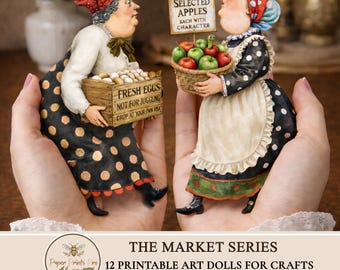 Paper Dolls Printable, Market Woman Vintage Set, Junk Journal Scrapbooking, Digital, PaperPrintsPro