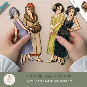 May include: Four paper dolls featuring 1920s-style fashion, including a purple dress with a matching cloche hat, a tan fur-trimmed coat, a yellow lace dress, and a black beaded gown. Each figure is illustrated with distinct hairstyles and accessories.