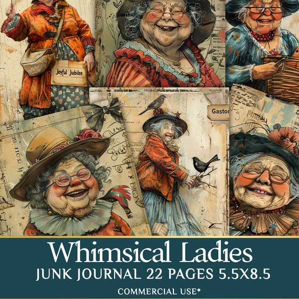 Whimsical Old Lady Journal Pages - 22 half page Funny Old Ladies - Quirky Grandy Clipart - PDF Download