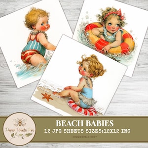 Vintage Beach Babies Clipart Set – 12 Adorable Retro Summer Illustrations, High-Resolution JPG, 300 DPI,Clip Art Paper Prints Pro