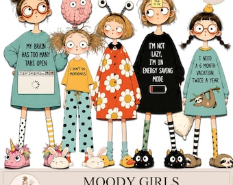 Printable Paper Dolls Moody Girls PNG JPG, Quirky Clipart, Whimsical Dolls, Funny Doll, PaperPrintsPro