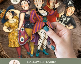 Printable Halloween Paper Dolls, Funny Women Clipart, Witch PNG, Junk Journal, Fussy Cuts, PaperPrintsPro