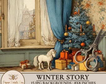 Fondos de invierno imprimibles: 15 páginas vintage de 8x8 para álbumes de recortes y manualidades – PaperPrintsPro
