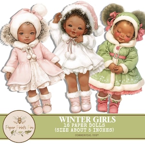 Printable Paper Dolls - Winter Girls -16 Adorable Dolls (5 Inches) for DIY Projects PaperPrintsPro (Commercial Use)