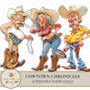 Printable Paper Dolls – Funny Western Cowboys and Cowgirls – Vintage Junk Journal Cutouts – Cowtown Chronicles – by PaperPrintsPro