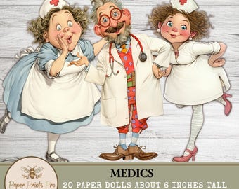 Medical Paper Dolls: Doctor and Nurce clipart Printable Ephemera for collage and junk journal