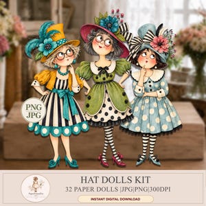 May include: Three illustrated paper dolls wearing dresses and hats with floral accents. The left doll wears a yellow hat and striped dress, the centre doll a green hat and polka dot dress, and the right doll a blue hat and polka dot dress.