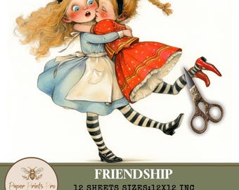 Vintage Friendship Clipart - 12 Printable JPG, Cute Victorian Kids Illustrations, Digital Scrapbook Paper, Whimsical  Art PaperPrintsPro