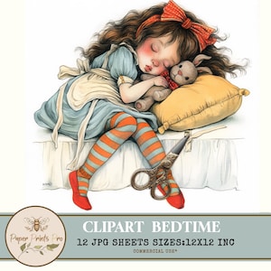 Printable Vintage Bedtime Clipart – Whimsical Sleepy Children 12x12 Inch Digital Paper for Scrapbook & Junk Journal Pages- Paper Prints Pro