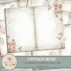 Vintage Rose Printable Journal Pages - 10 Digital Papers, 8.5x11 inch, Shabby Chic, Foldable-Decorative Paper, Paper Prins Pro