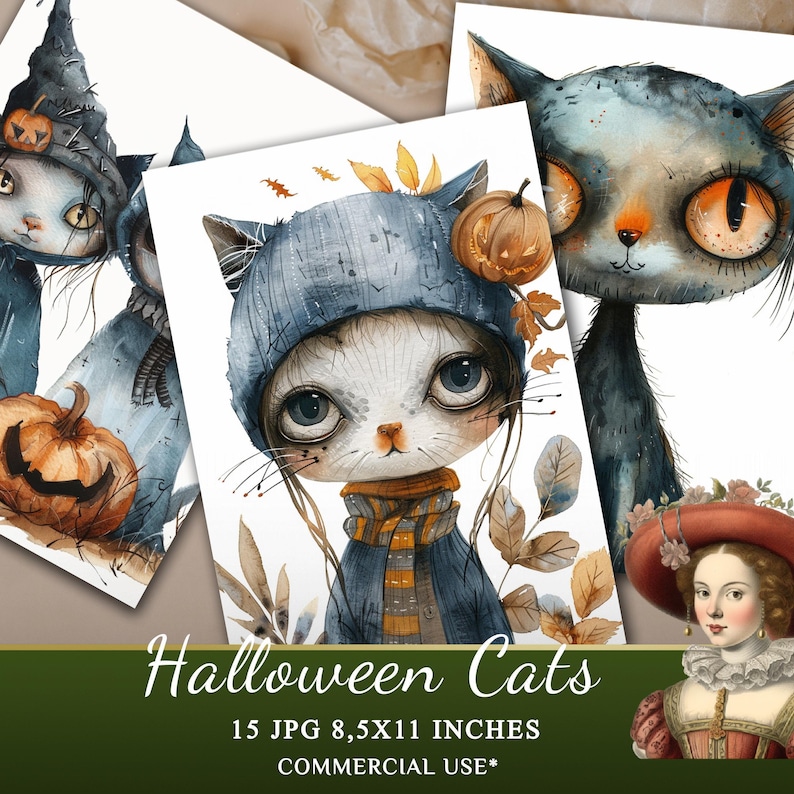 Watercolor Halloween Cats Clipart Collection, 15 JPG  Halloween Clipart, Cute Halloween Animals Clipart