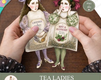 Paper Dolls, PNG JPG, Printable Tea Bag Ladies, Vintage Ephemera, Junk Journal, PaperPrintsPro