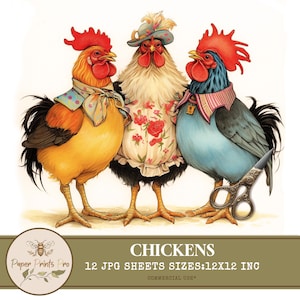 Funny Chickens Clipart - 12 Farm Rooster and Hen Illustrations for Crafts and Scrapbooking - Paper Prints Pro