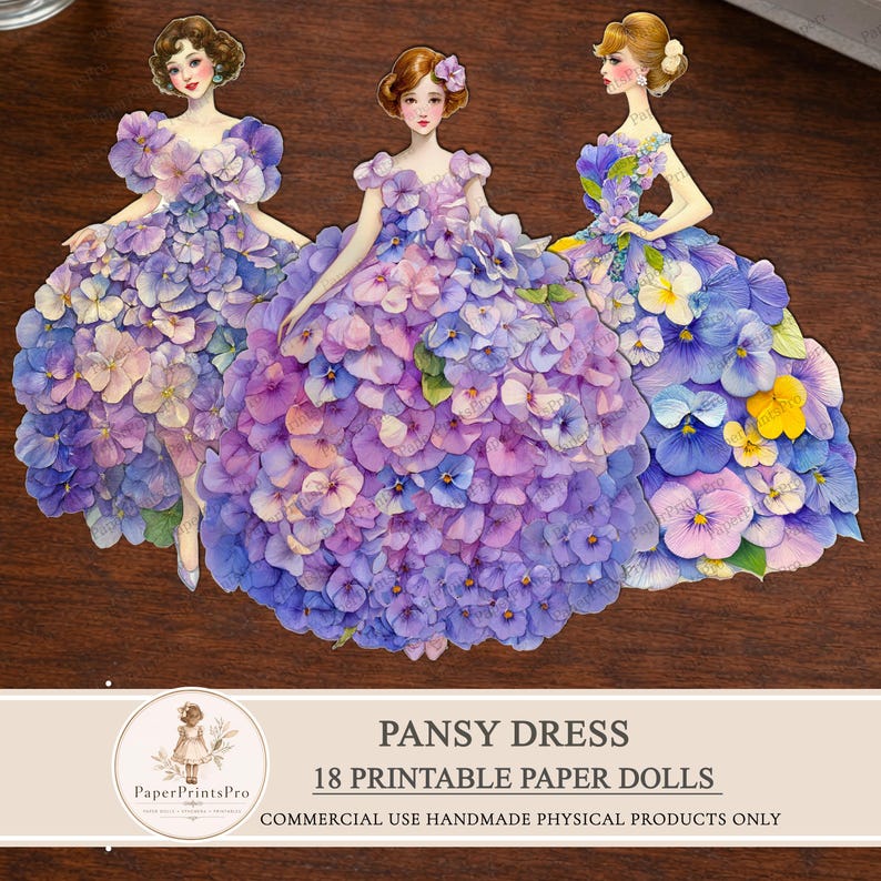 Printable paper dolls with pansy flower dress, floral ephemera for junk journal, vintage style paper doll clipart, fussy cuts for scrapbooking, detailed pansy petals gown, soft purple blue tones, printable cutout dolls for crafts, high resolution artwork by PaperPrintsPro