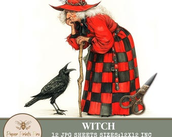 Vintage Witch Clipart – 12 Printable Halloween Witches for Junk Journals and Scrapbooking – PaperPrintsPro