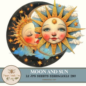 Vintage Sun and Moon Clipart - 12 Digital JPG for Scrapbooking, Junk Journals, Cards - PaperPrintsPro
