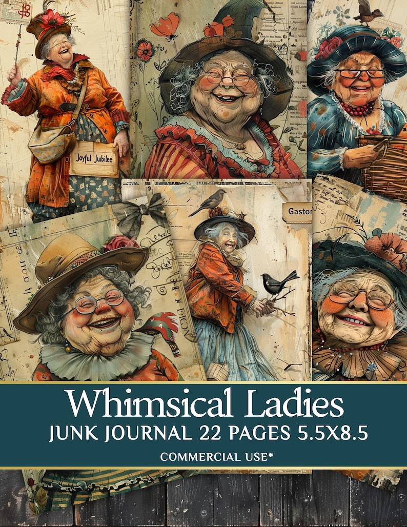 Whimsical Old Lady Journal Pages - 22 half page Funny Old Ladies - Quirky Grandy Clipart - PDF Download