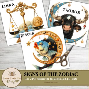 Zodiac Signs Clipart Bundle, 12x12 Printable Zodiac Art, Astrology Symbol Graphics, Horoscope Clip Art Set, Digital Download, PaperPrintsPro