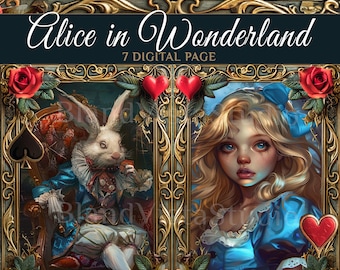 Scrapbooking, JunkJournal Kit- Alice in Wonderland digitale dagboekkit, 7 Junk Journal-pagina's, PDF Scrapbook Alice folioset als cadeau