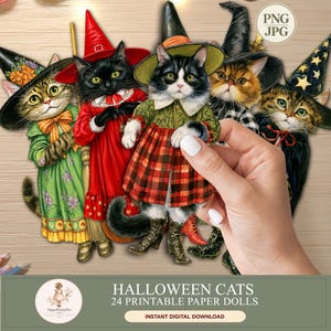 May include: A collection of printable paper dolls featuring cats dressed as witches in various outfits, including green floral dresses, red dresses, and plaid skirts, all wearing pointed hats. The image includes text labels PNG and JPG.