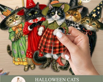 Halloween Cat  Clipart, Witch Cat Paper Dolls, Printable Black  Cats, Junk Journal, PaperPrintsPro