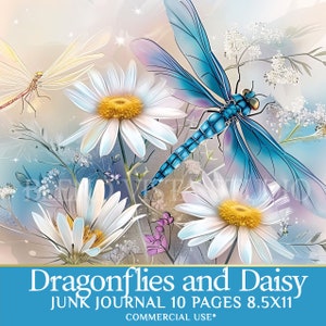 Dragonfly and Daisy Junk Journal Page Set - Digital Papers JPG  for Scrapbooking and Diary Kit