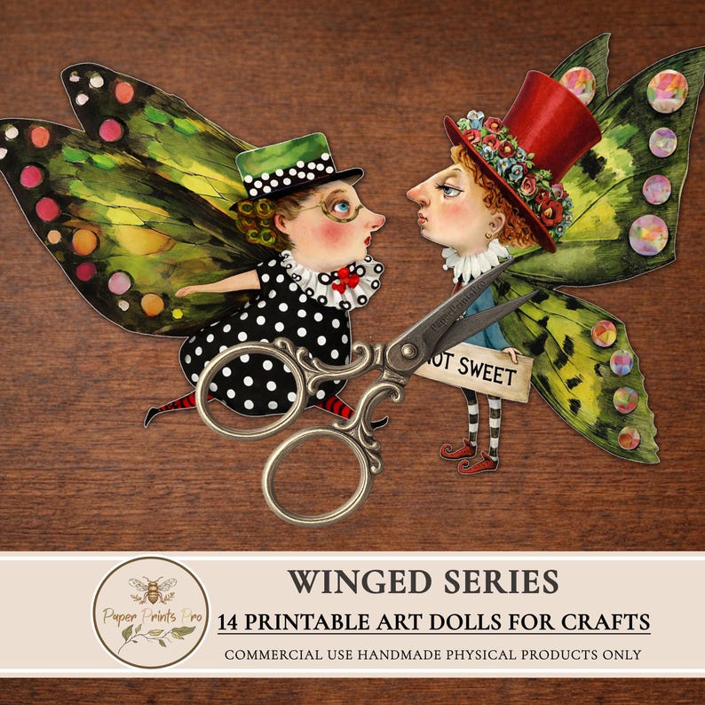 Printable paper dolls digital clipart featuring winged art characters inspired by fairy and butterfly aesthetics. This set includes unique illustrated art dolls designed for crafting, junk journals, scrapbooking, collage, and handmade physical projects. High-quality printable artwork suitable for personal use and limited commercial use in handmade crafts.