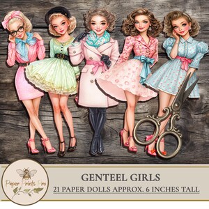 Printable vintage paper dolls set of stylish women in 1950s-inspired outfits – elegant retro fashion with pastel dresses, puff sleeves, full skirts, fitted pants, high heels, gloves, hats, and accessories. Perfect for junk journaling, scrapbooking, collage art, and DIY paper crafts. Retro aesthetic, glamorous feminine looks, cut-out dolls for printing and decorating. Includes ladylike coats, classic silhouettes, dramatic poses, and timeless details. 
 by PaperPrintsPro