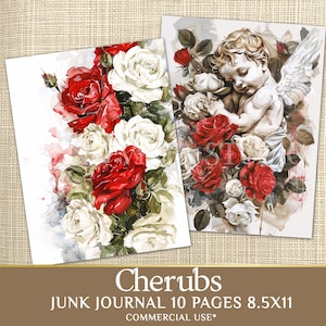 Watercolor Clipart Angel Junk Journal Page with Cherub and Floral Digital Paper JPG - Printable Ephemera