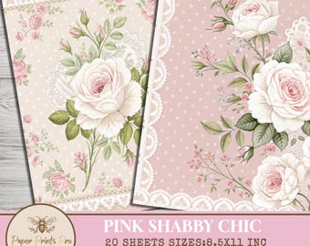 Pink Shabby Chic Digital Paper – Vintage Floral Lace Backgrounds, 20 Sheets – PaperPrintsPro