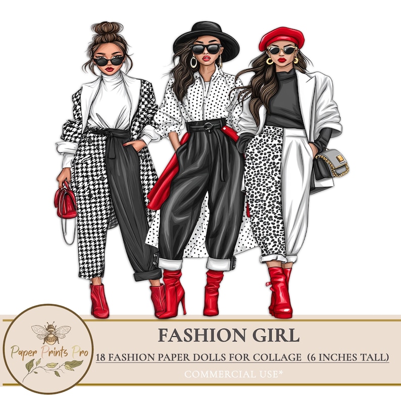 Printable Fashion Paper Dolls, 18 Fashion Girl Stickers for Planners, Collage, Scrapbooking, Diary Pages - PaperPrintsPro