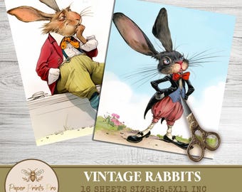 Vintage Rabbit Printables: 16 Decorative Sheets for Scrapbooking (Digital Download)