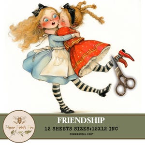 Vintage Friendship Clipart - 12 Printable JPG, Cute Victorian Kids Illustrations, Digital Scrapbook Paper, Whimsical  Art PaperPrintsPro