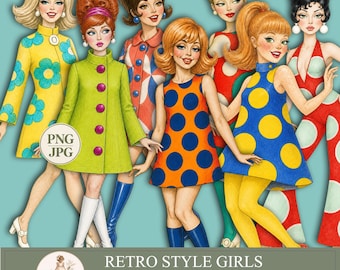 Printable Paper Dolls, Retro Style Girls, 1960s Clipart, Vintage Girl PNG , Scrapbooking Ephemera,PaperPrintsPro